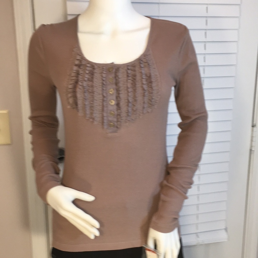 Covington 100% Cotton Tan Knit Fringes Ruffle Front Button Blouse Size S Petites - Picture 2 of 12